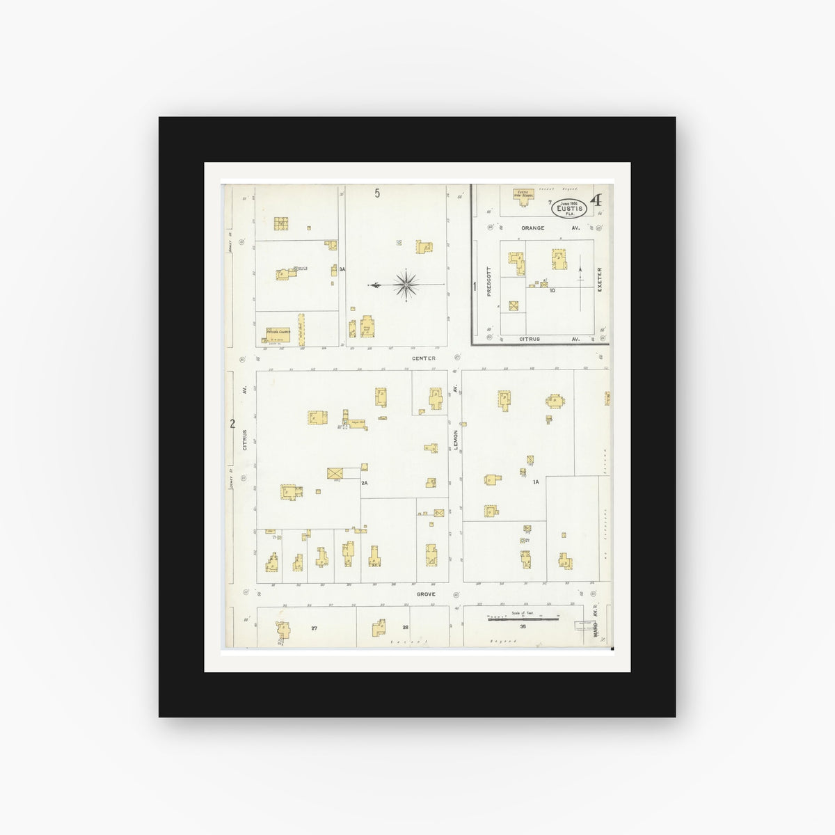 Old map wall art mockup — black gallery frame with white mat — Sanborn Fire Insurance Map from Eustis, Lake County, Florida (1906), Sheet #0004