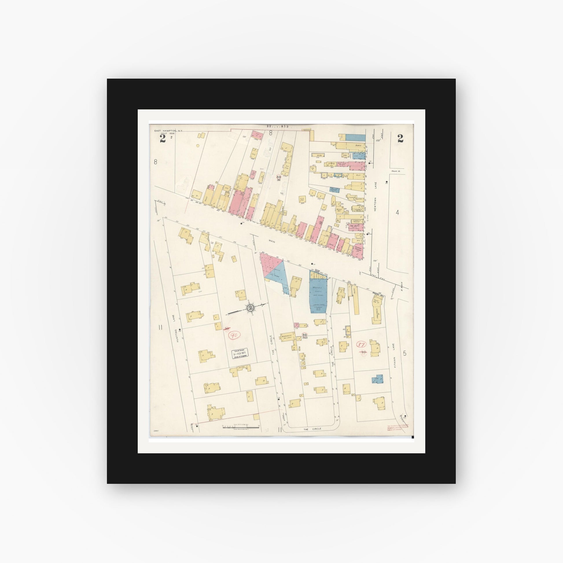 Old map wall art mockup — black gallery frame with white mat — Sanborn Fire Insurance Map from Easthampton, Suffolk County, New York (1943), Sheet #0002