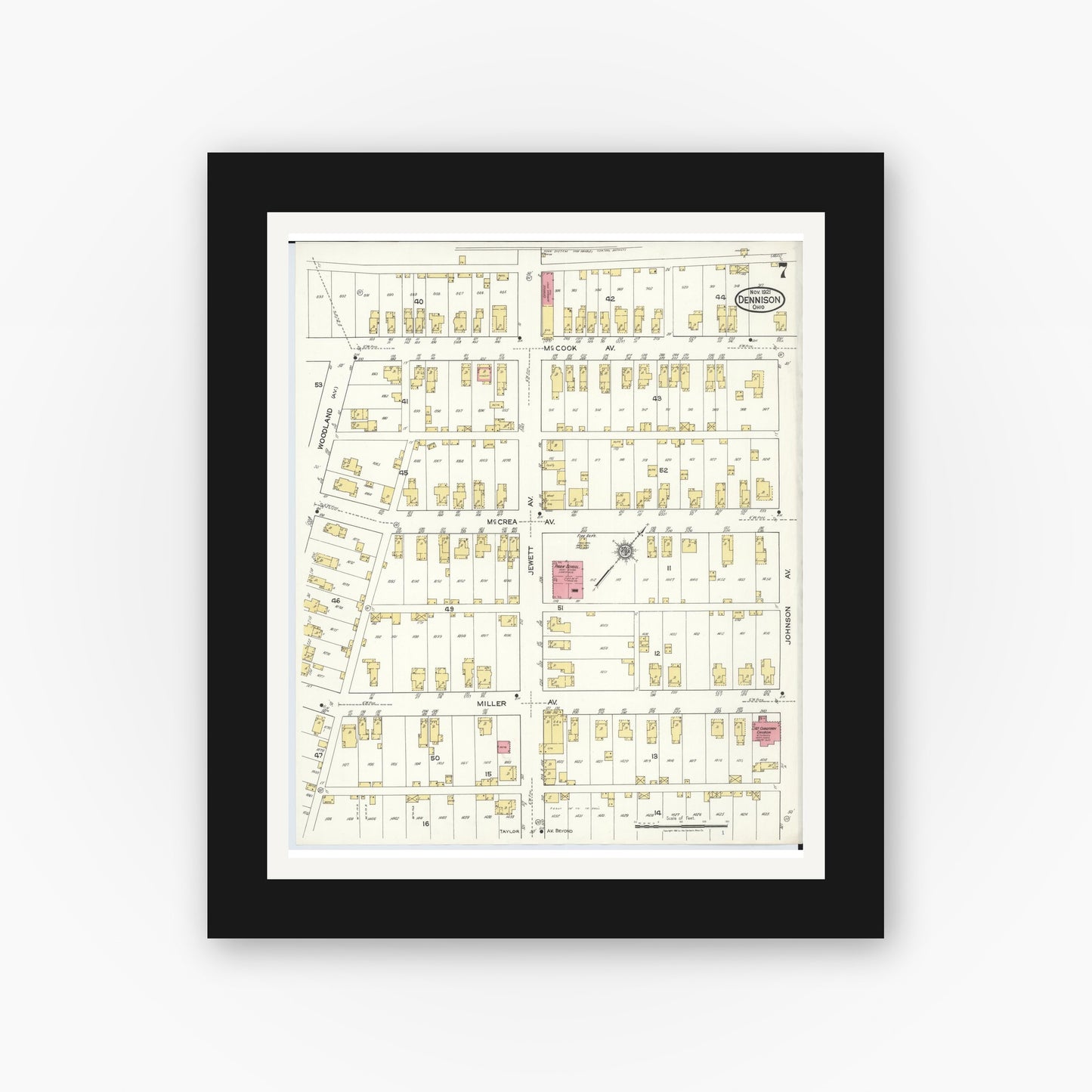 Old map wall art mockup — black gallery frame with white mat — Sanborn Fire Insurance Map from Dennison, Tuscarawas County, Ohio (1921), Sheet #0007