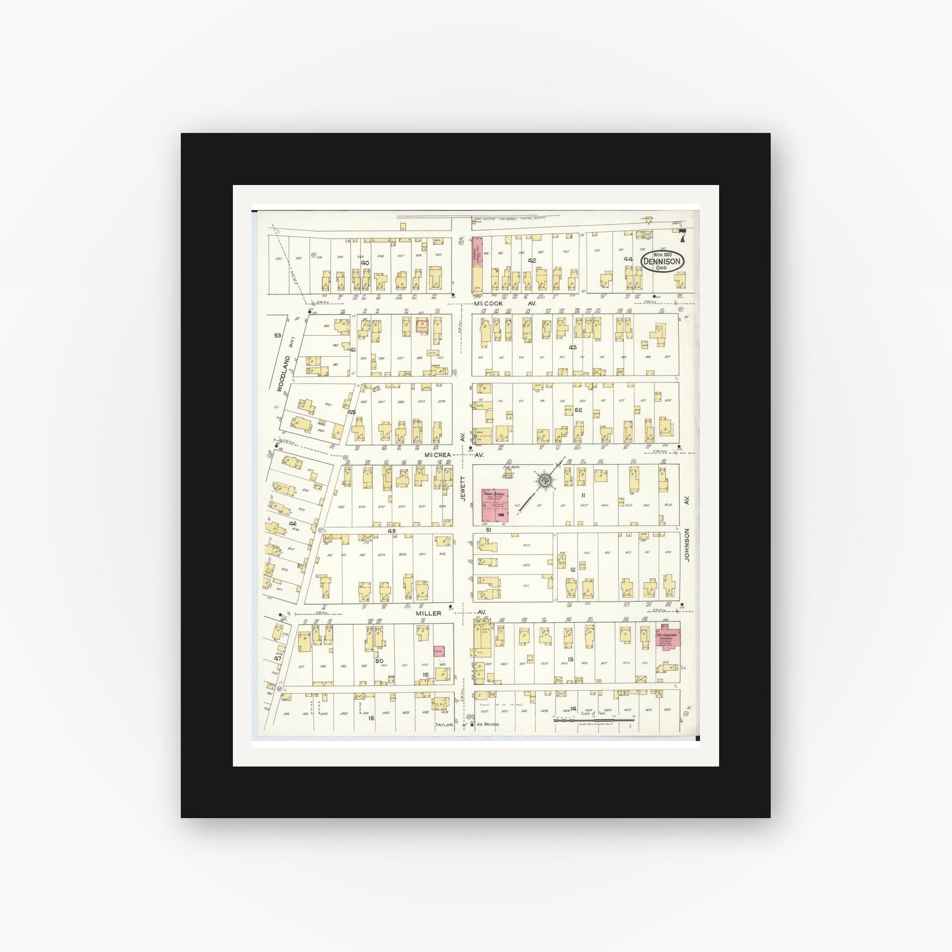 Old map wall art mockup — black gallery frame with white mat — Sanborn Fire Insurance Map from Dennison, Tuscarawas County, Ohio (1921), Sheet #0007