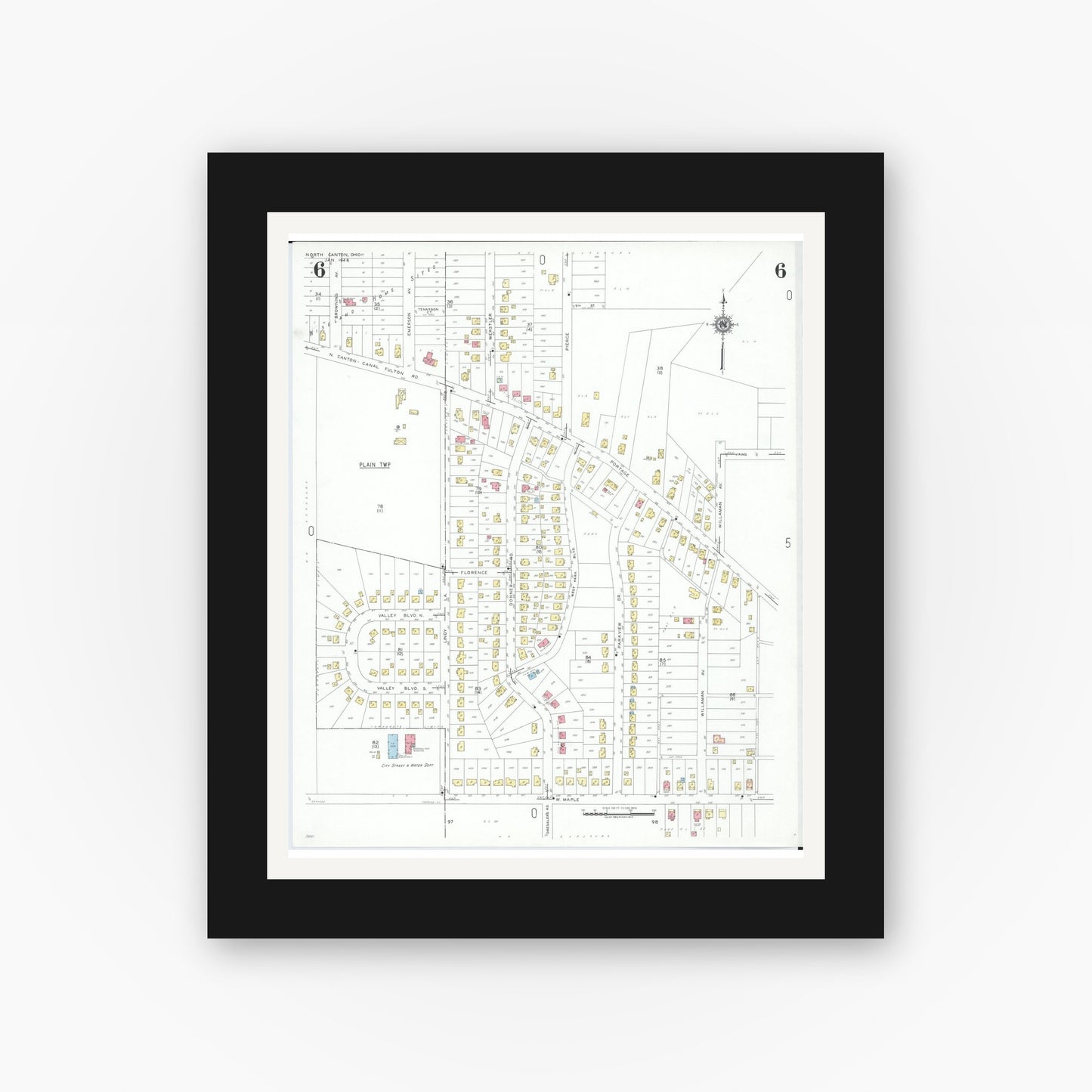 Old map wall art mockup — black gallery frame with white mat — Sanborn Fire Insurance Map from North Canton, Stark County, Ohio (1948), Sheet #0006