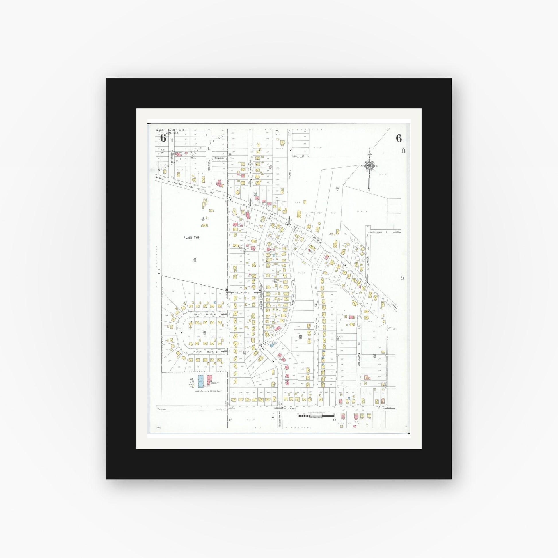 Old map wall art mockup — black gallery frame with white mat — Sanborn Fire Insurance Map from North Canton, Stark County, Ohio (1948), Sheet #0006