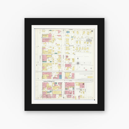 Old map wall art mockup — black gallery frame with white mat — Sanborn Fire Insurance Map from Marion, Marion County, Ohio (1908), Sheet #0009