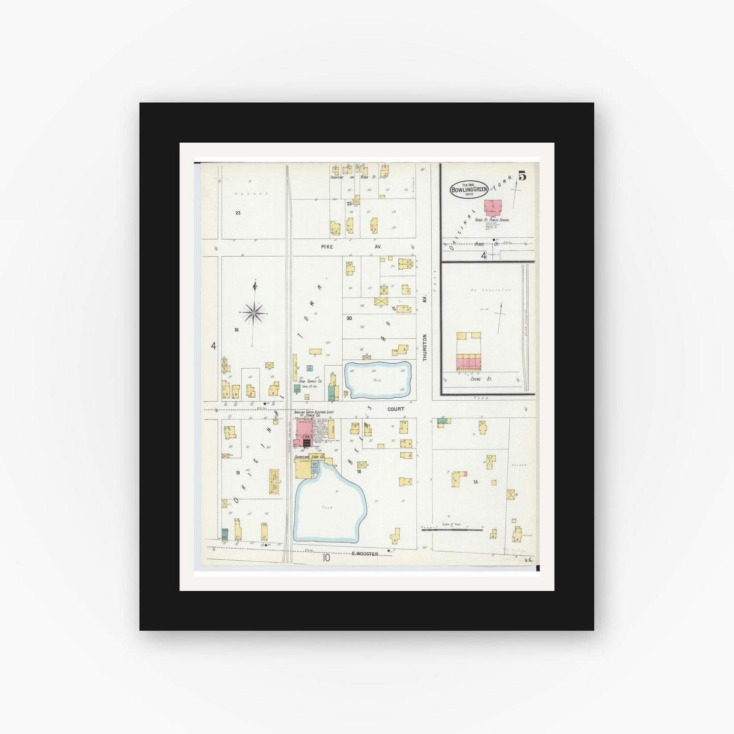 Old map wall art mockup — black gallery frame with white mat — Sanborn Fire Insurance Map from Bowling Green, Wood County, Ohio (1900), Sheet #0005