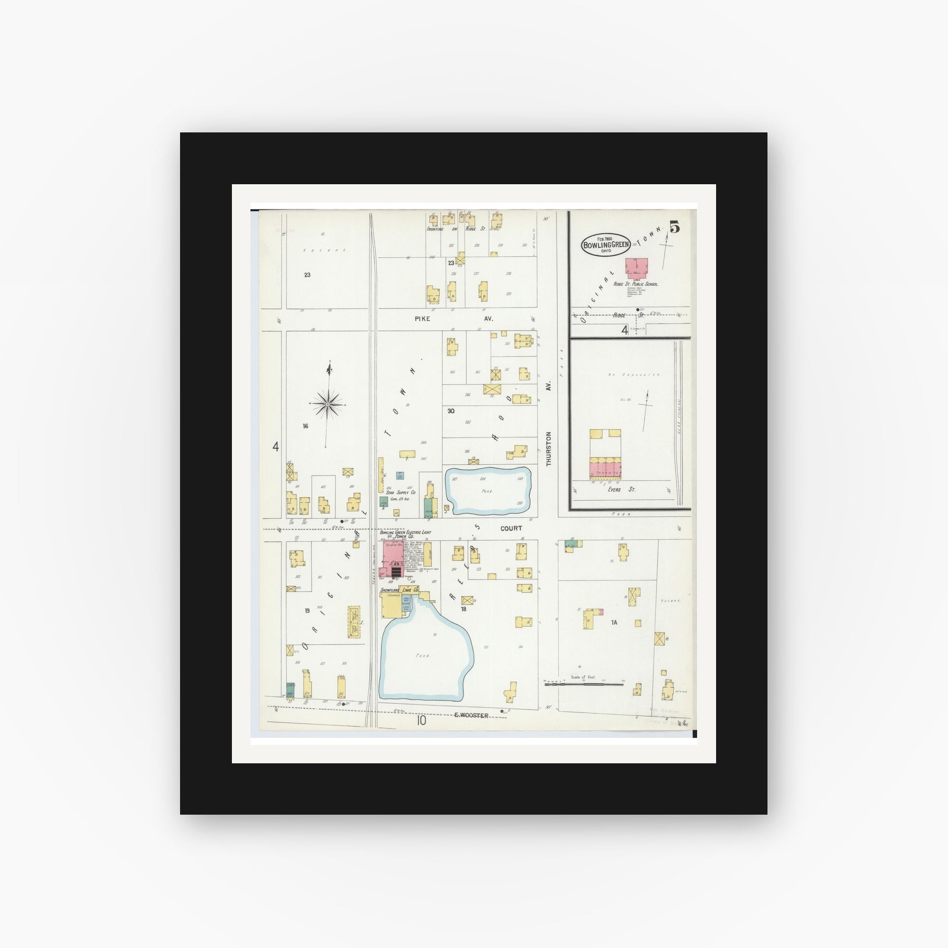 Old map wall art mockup — black gallery frame with white mat — Sanborn Fire Insurance Map from Bowling Green, Wood County, Ohio (1900), Sheet #0005