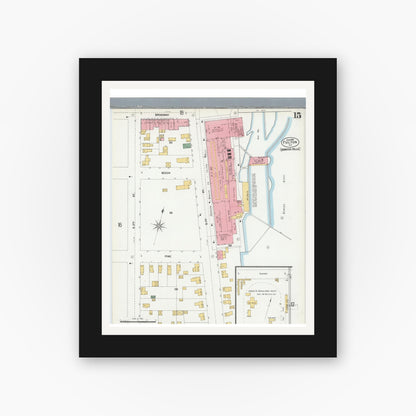 Old map wall art mockup — black gallery frame with white mat — Sanborn Fire Insurance Map from Fulton, Oswego County, New York (1901), Sheet #0015