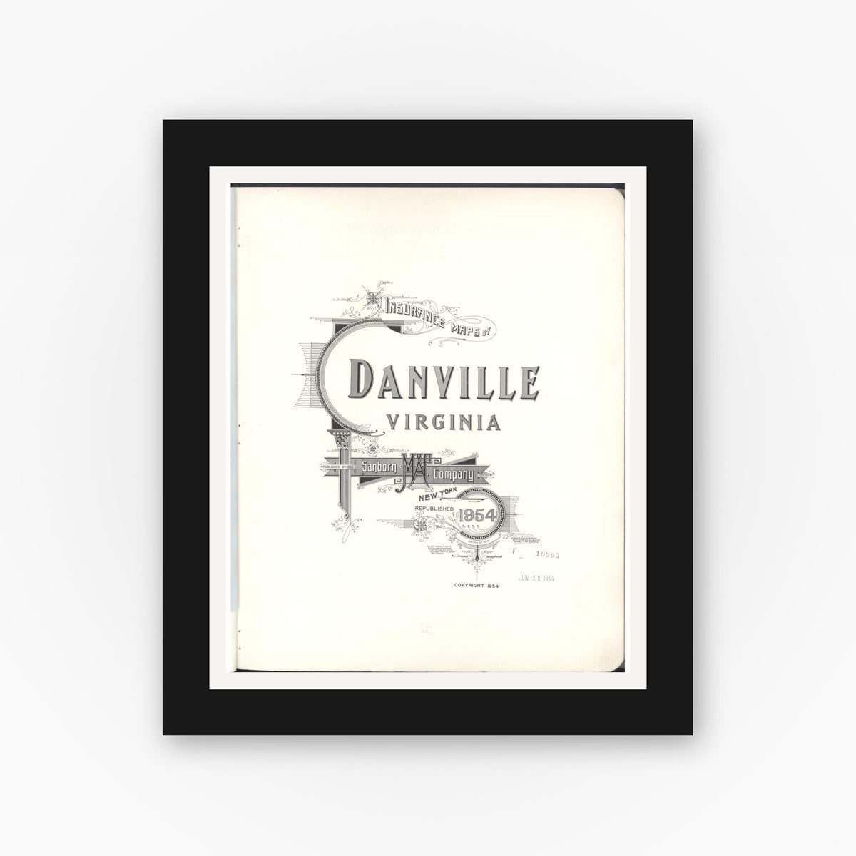 Old map wall art mockup — black gallery frame with white mat — Sanborn Fire Insurance Map from Danville, Independent Cities, Virginia (1954), Sheet #0001