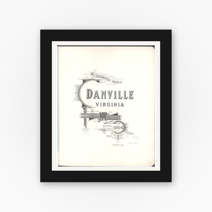 Old map wall art mockup — black gallery frame with white mat — Sanborn Fire Insurance Map from Danville, Independent Cities, Virginia (1954), Sheet #0001