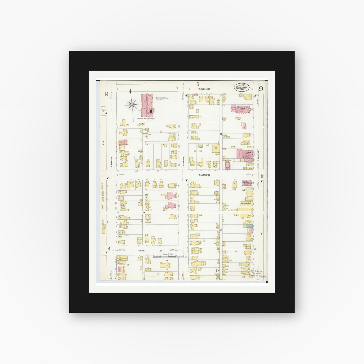 Old map wall art mockup — black gallery frame with white mat — Sanborn Fire Insurance Map from Galion, Crawford County, Ohio (1907), Sheet #0009
