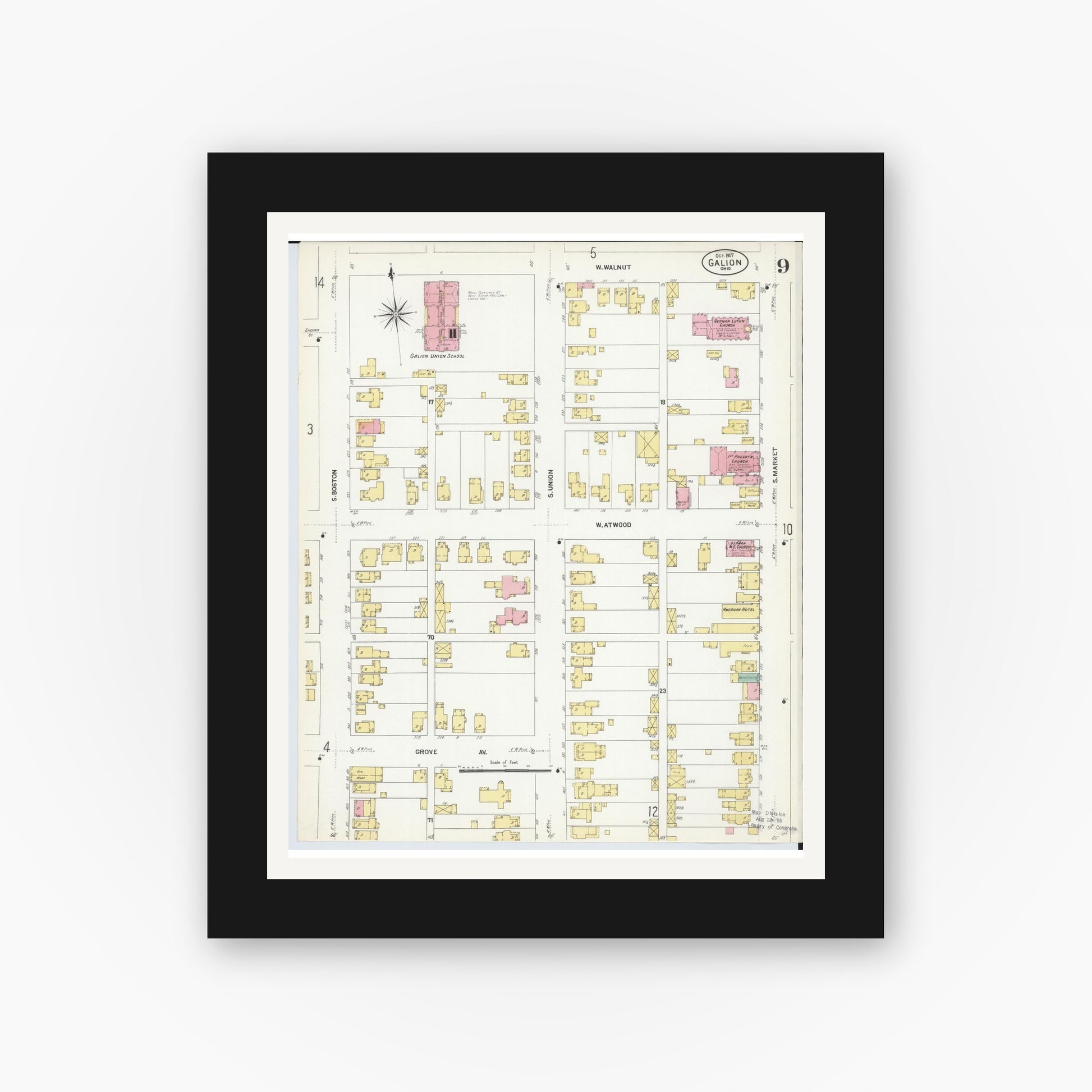 Old map wall art mockup — black gallery frame with white mat — Sanborn Fire Insurance Map from Galion, Crawford County, Ohio (1907), Sheet #0009