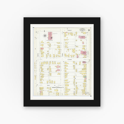 Old map wall art mockup — black gallery frame with white mat — Sanborn Fire Insurance Map from Galion, Crawford County, Ohio (1907), Sheet #0009
