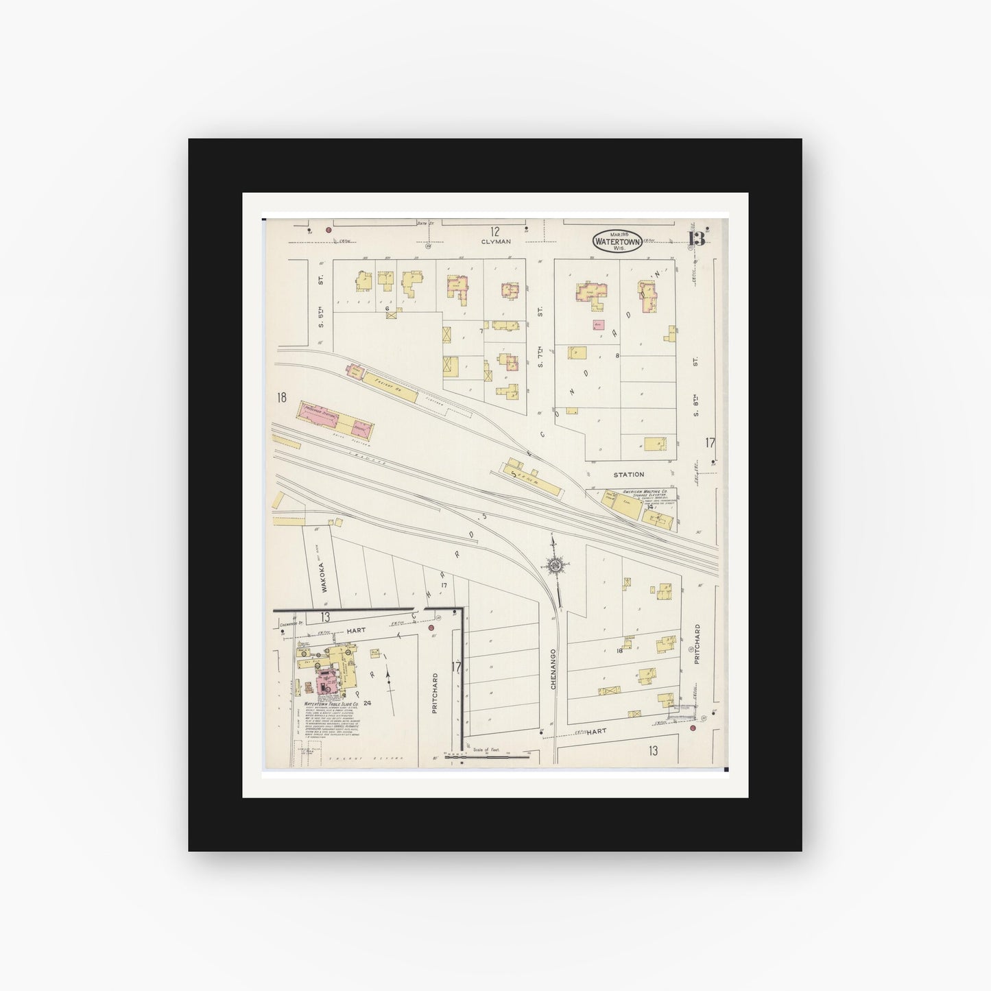 Old map wall art mockup — black gallery frame with white mat — Sanborn Fire Insurance Map from Watertown, Jefferson County, Wisconsin (1915), Sheet #0014