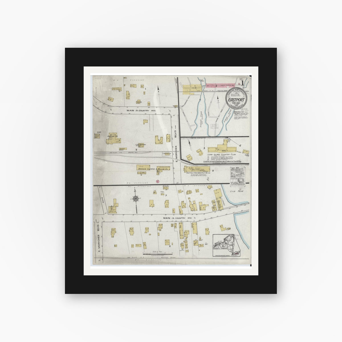 Old map wall art mockup — black gallery frame with white mat — Sanborn Fire Insurance Map from Eastport, Suffolk County, New York (1920) - Complete Map Set