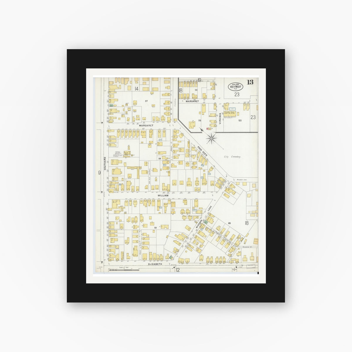Old map wall art mockup — black gallery frame with white mat — Sanborn Fire Insurance Map from Key West, Monroe County, Florida (1899), Sheet #0013