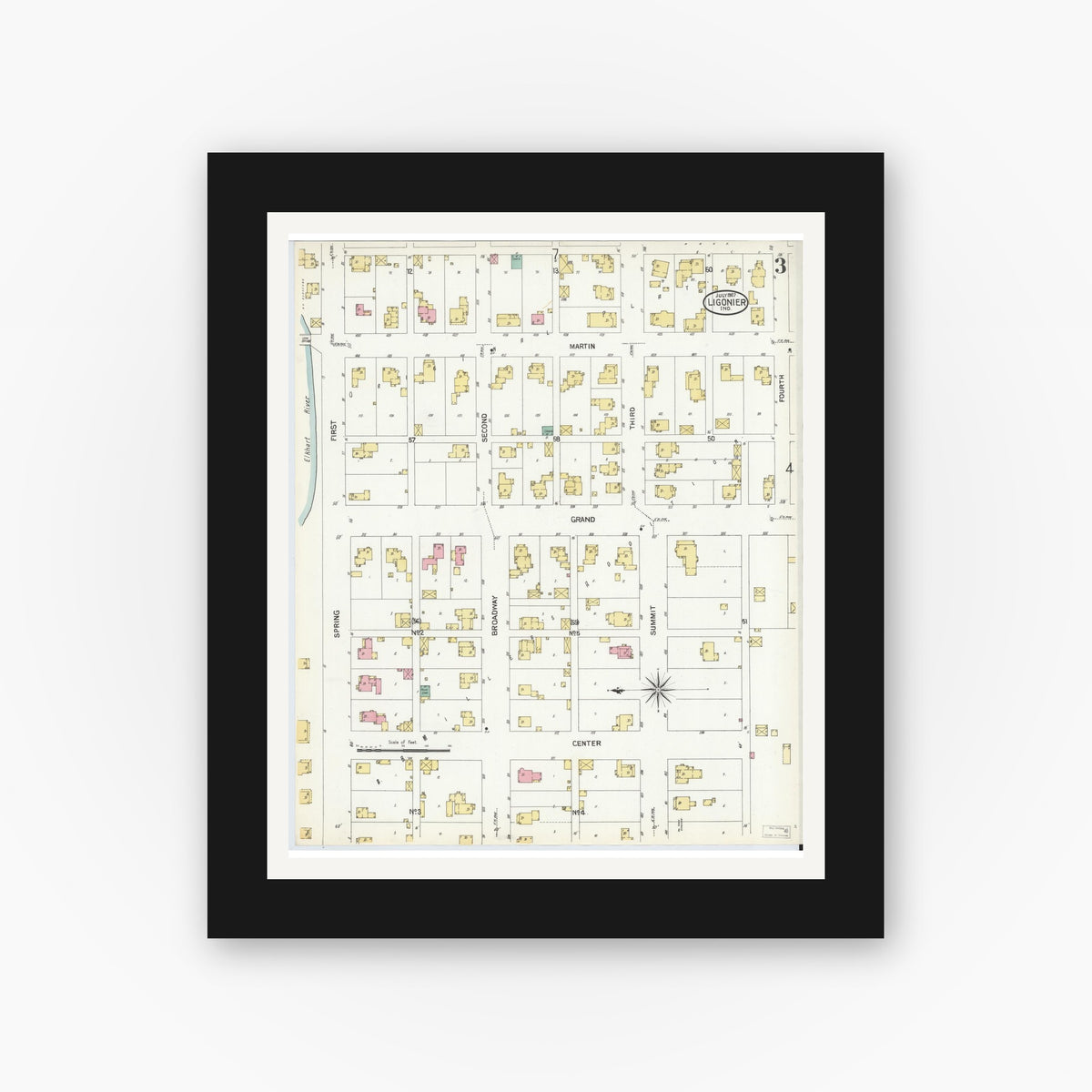 Old map wall art mockup — black gallery frame with white mat — Sanborn Fire Insurance Map from Ligonier, Noble County, Indiana (1907), Sheet #0003