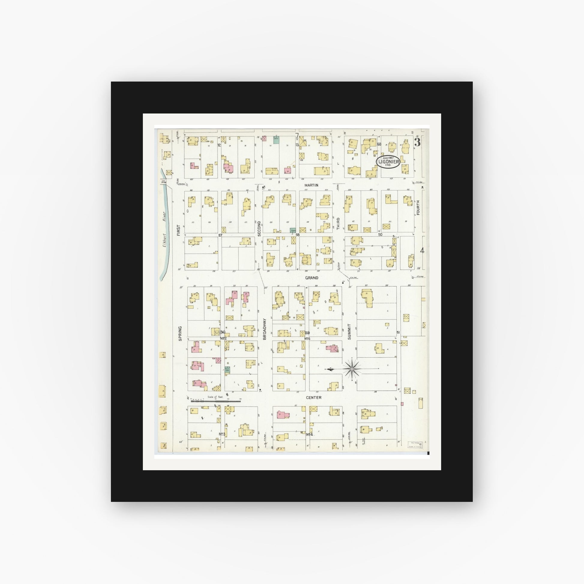 Old map wall art mockup — black gallery frame with white mat — Sanborn Fire Insurance Map from Ligonier, Noble County, Indiana (1907), Sheet #0003