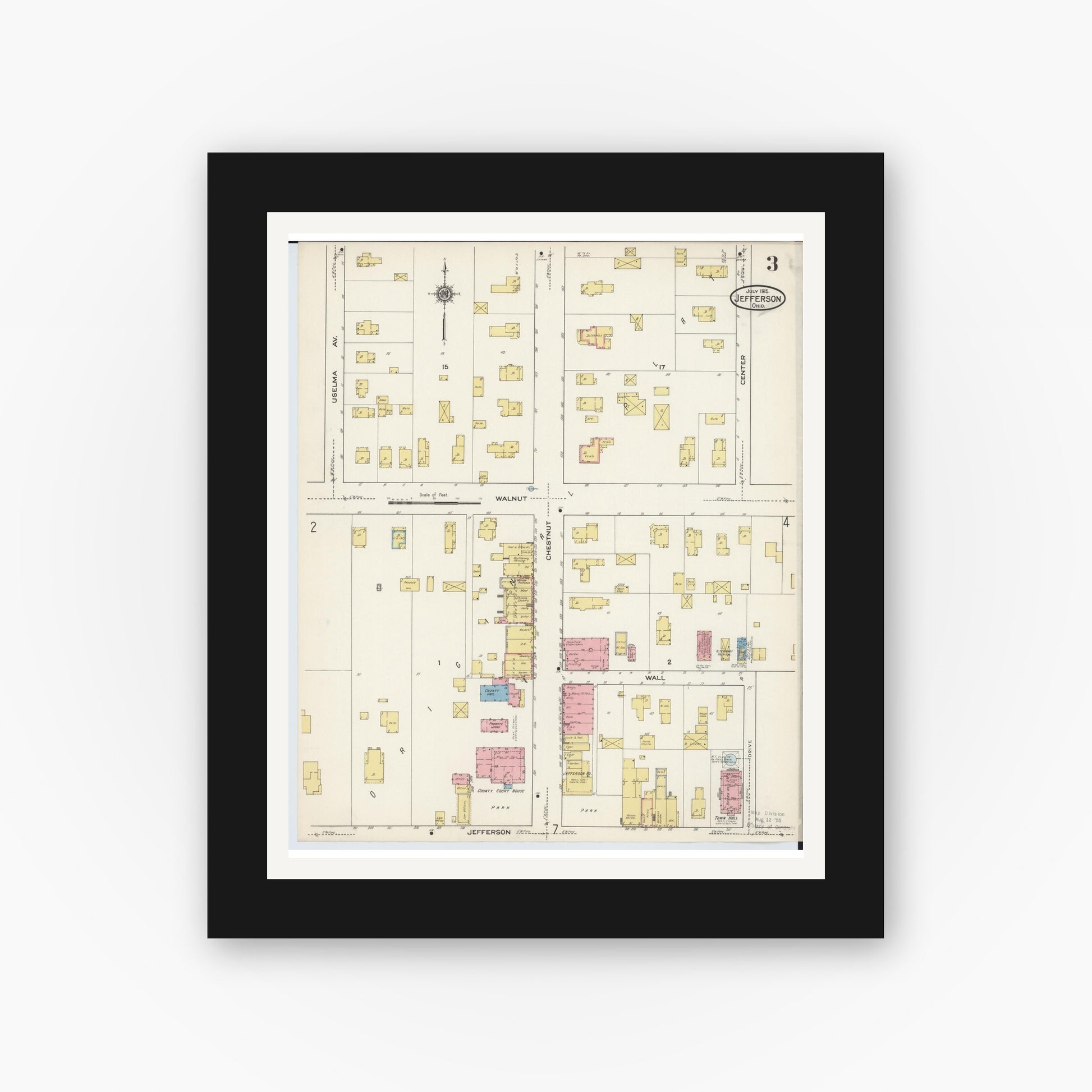 Old map wall art mockup — black gallery frame with white mat — Sanborn Fire Insurance Map from Jefferson, Ashtabula County, Ohio (1915), Sheet #0003