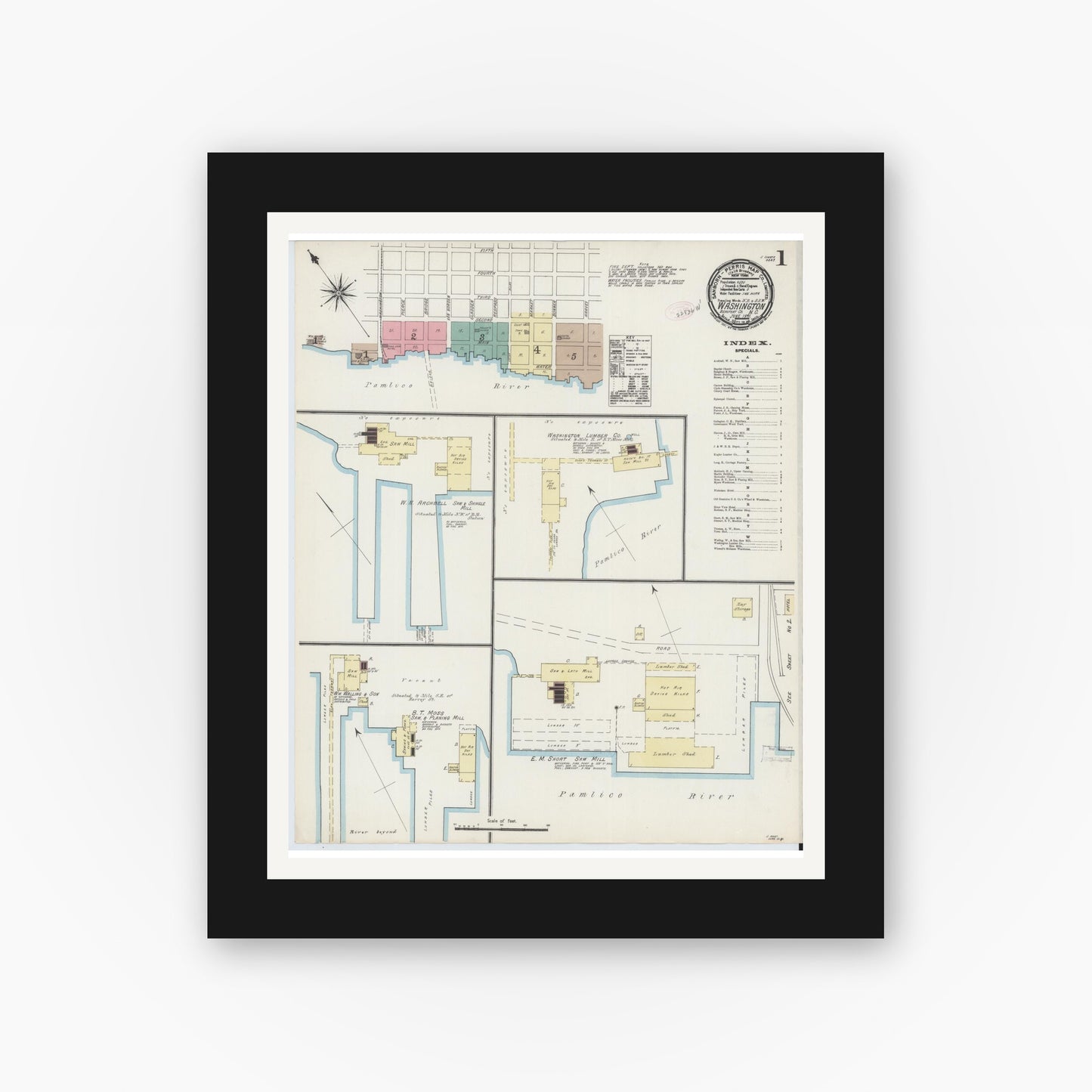 Old map wall art mockup — black gallery frame with white mat — Sanborn Fire Insurance Map from Washington, Beaufort County, North Carolina (1891), Sheet #0001