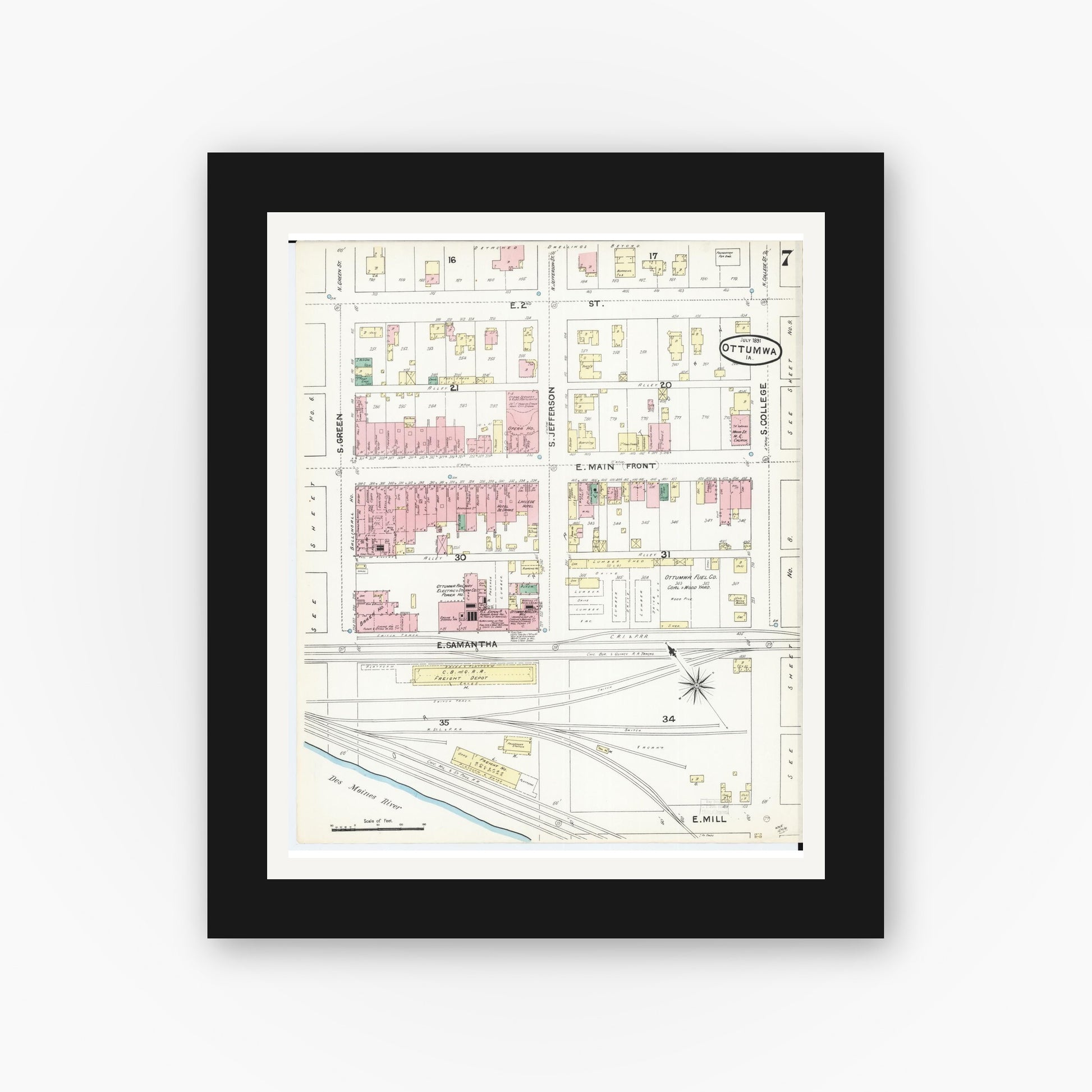 Old map wall art mockup — black gallery frame with white mat — Sanborn Fire Insurance Map from Ottumwa, Wapello County, Iowa (1891), Sheet #0007