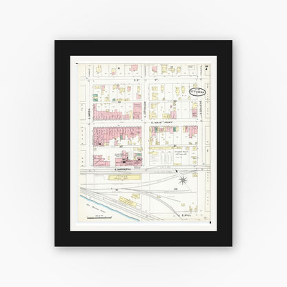 Old map wall art mockup — black gallery frame with white mat — Sanborn Fire Insurance Map from Ottumwa, Wapello County, Iowa (1891), Sheet #0007