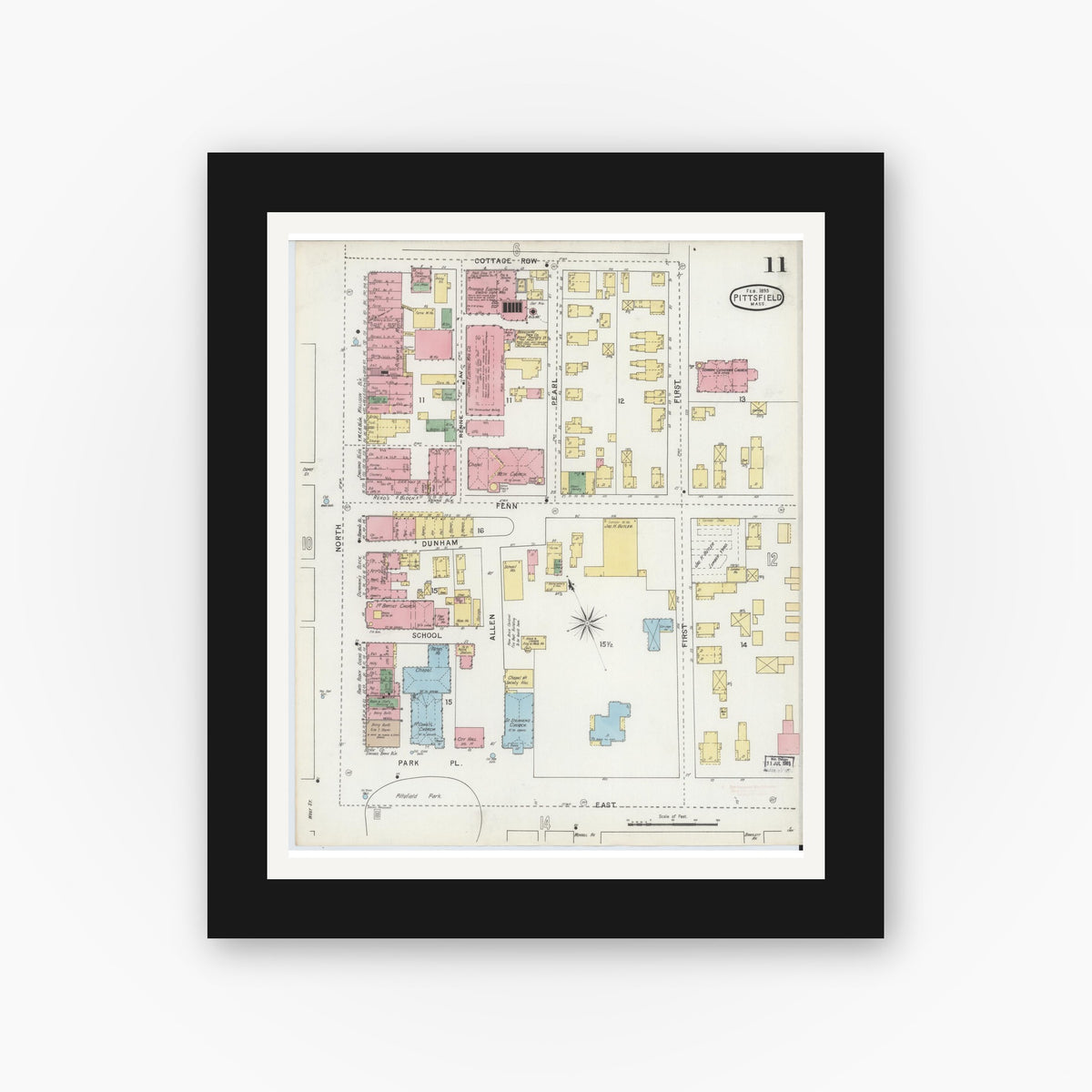 Old map wall art mockup — black gallery frame with white mat — Sanborn Fire Insurance Map from Pittsfield, Berkshire County, Massachusetts (1895), Sheet #0011