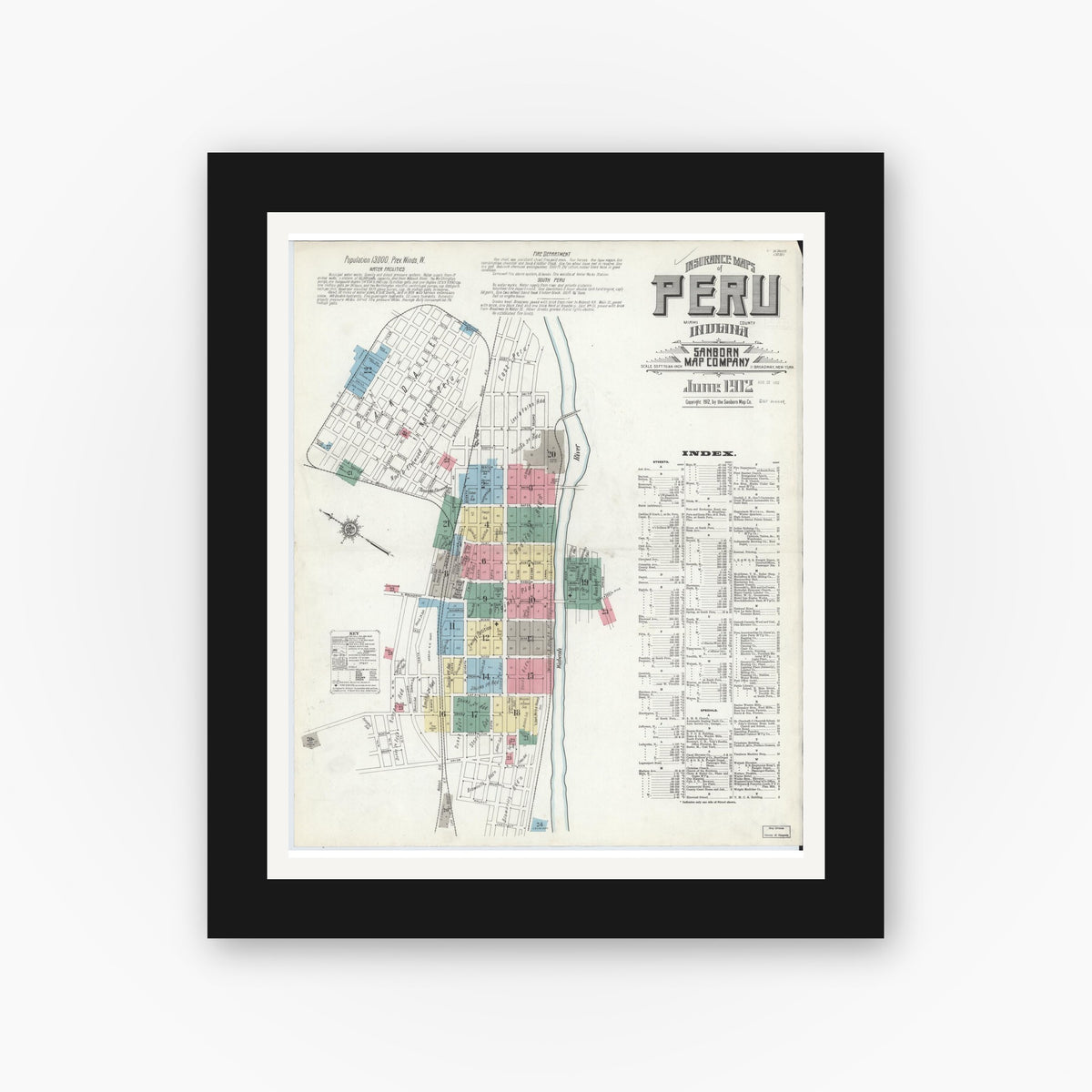 Old map wall art mockup — black gallery frame with white mat — Sanborn Fire Insurance Map from Peru, Miami County, Indiana (1912) - Complete Map Set