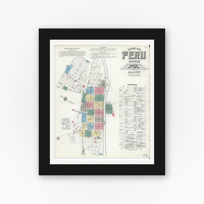 Old map wall art mockup — black gallery frame with white mat — Sanborn Fire Insurance Map from Peru, Miami County, Indiana (1912) - Complete Map Set