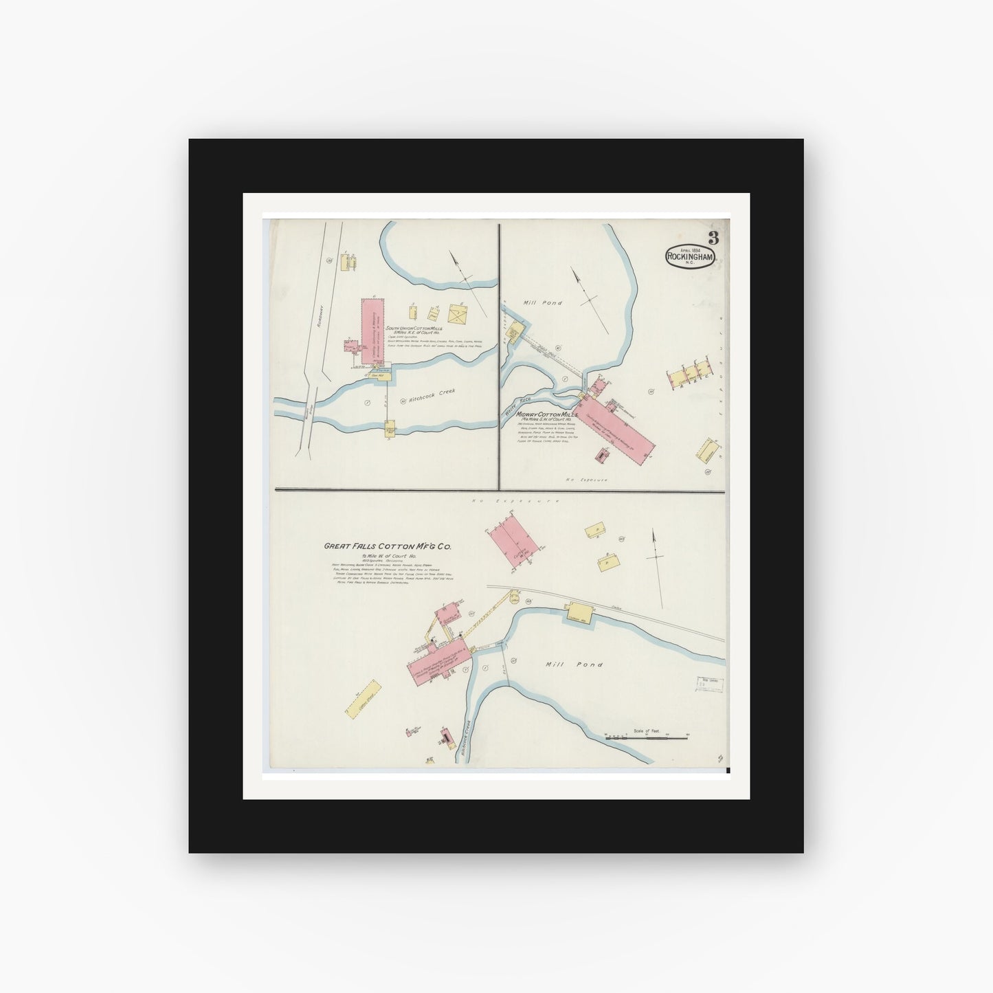 Old map wall art mockup — black gallery frame with white mat — Sanborn Fire Insurance Map from Rockingham, Richmond County, North Carolina (1894), Sheet #0003