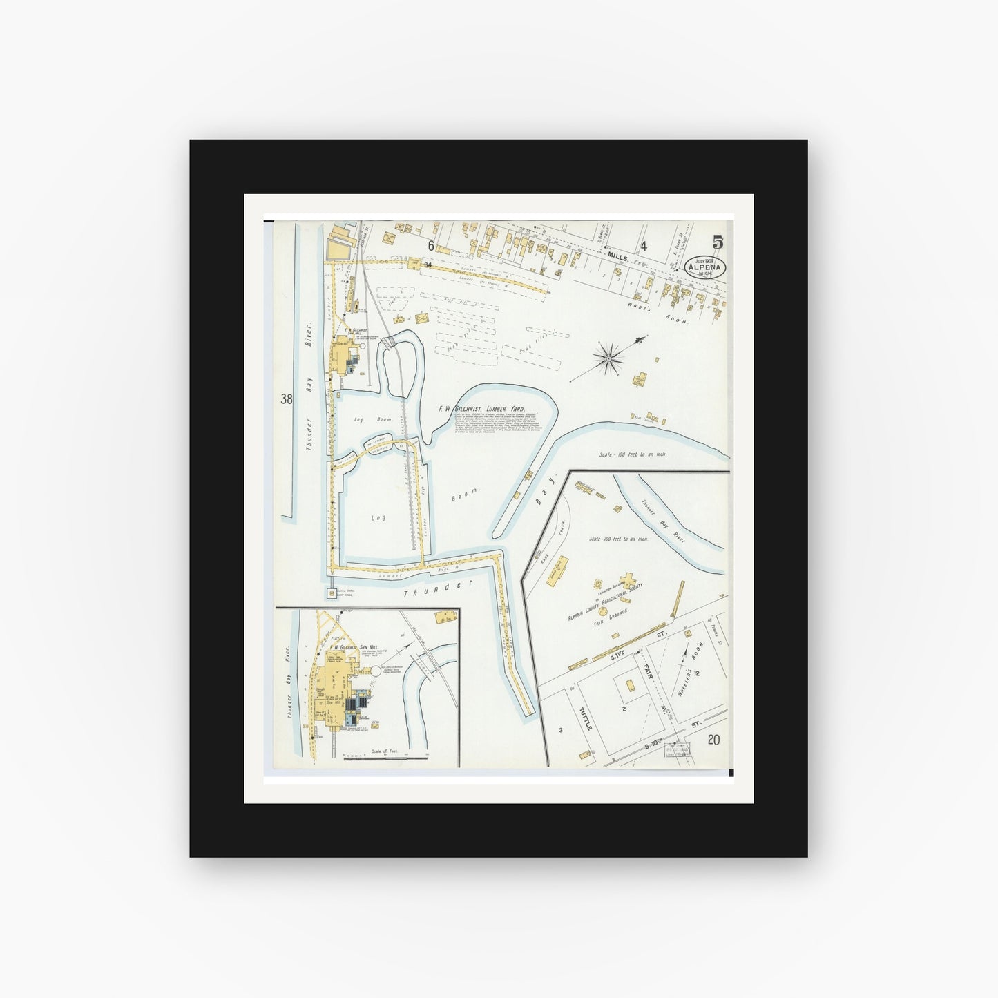 Old map wall art mockup — black gallery frame with white mat — Sanborn Fire Insurance Map from Alpena, Alpena County, Michigan (1901), Sheet #0005