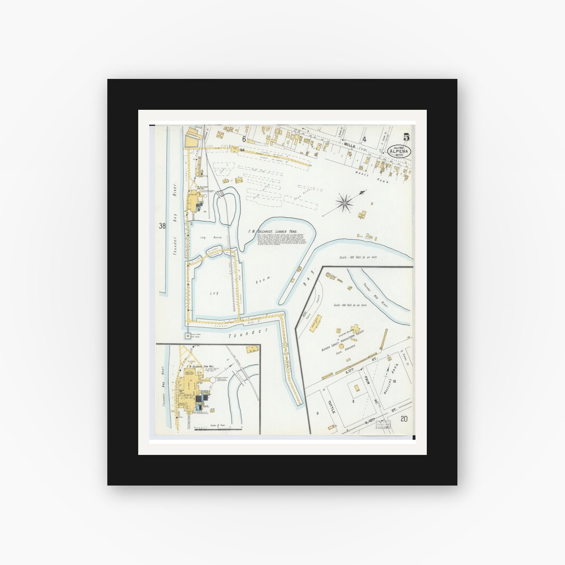 Old map wall art mockup — black gallery frame with white mat — Sanborn Fire Insurance Map from Alpena, Alpena County, Michigan (1901), Sheet #0005