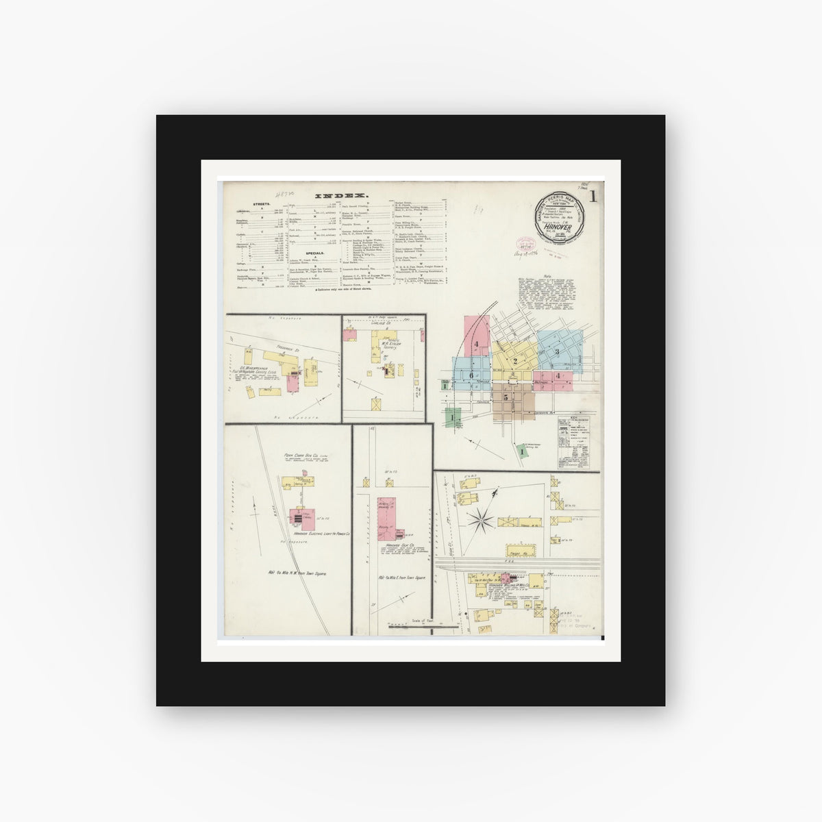Old map wall art mockup — black gallery frame with white mat — Sanborn Fire Insurance Map from Hanover, York County, Pennsylvania (1896) - Complete Map Set