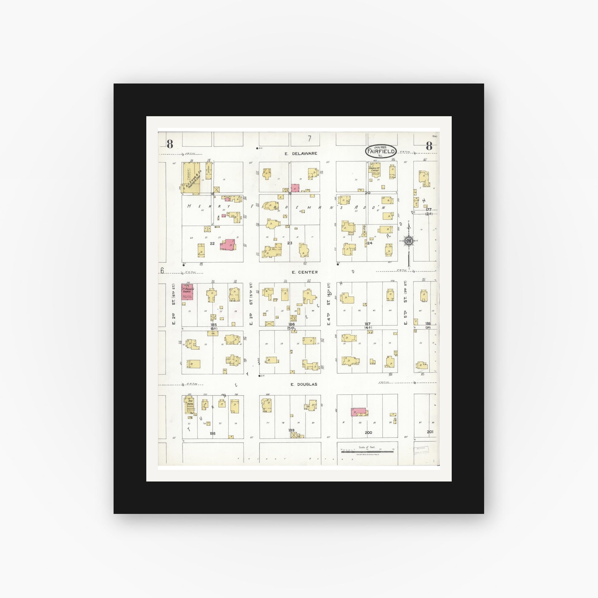 Old map wall art mockup — black gallery frame with white mat — Sanborn Fire Insurance Map from Fairfield, Wayne County, Illinois (1923), Sheet #0008
