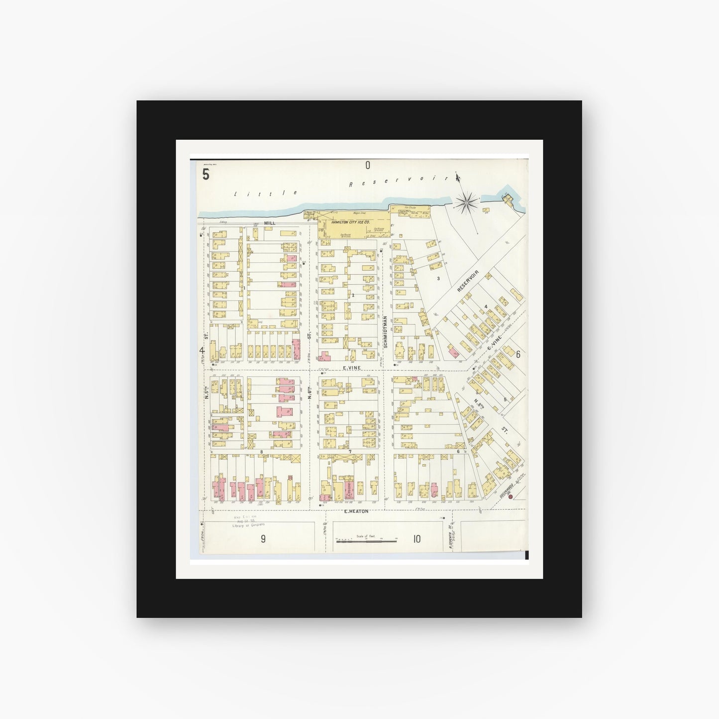 Old map wall art mockup — black gallery frame with white mat — Sanborn Fire Insurance Map from Hamilton, Butler County, Ohio (1899), Sheet #0005