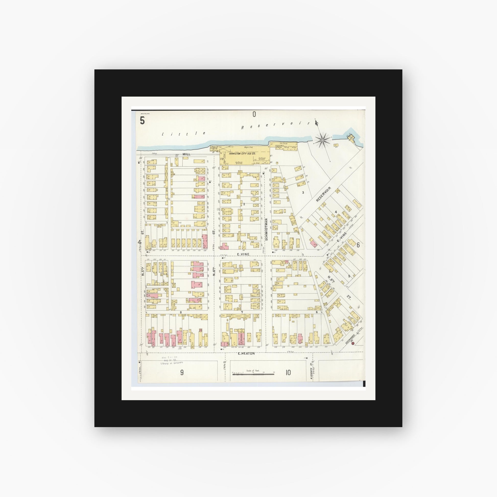 Old map wall art mockup — black gallery frame with white mat — Sanborn Fire Insurance Map from Hamilton, Butler County, Ohio (1899), Sheet #0005