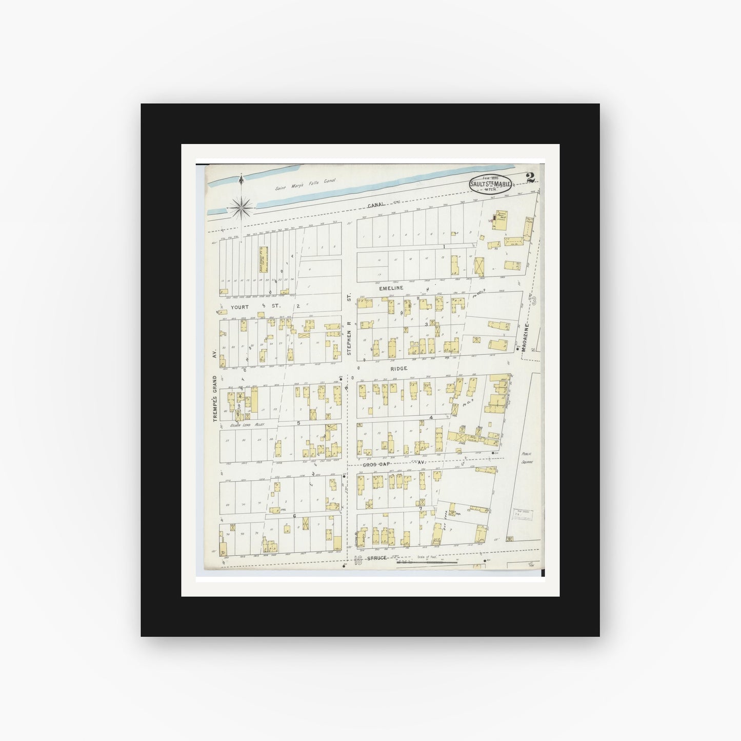 Old map wall art mockup — black gallery frame with white mat — Sanborn Fire Insurance Map from Sault Sainte Marie, Chippewa County, Michigan (1895), Sheet #0002