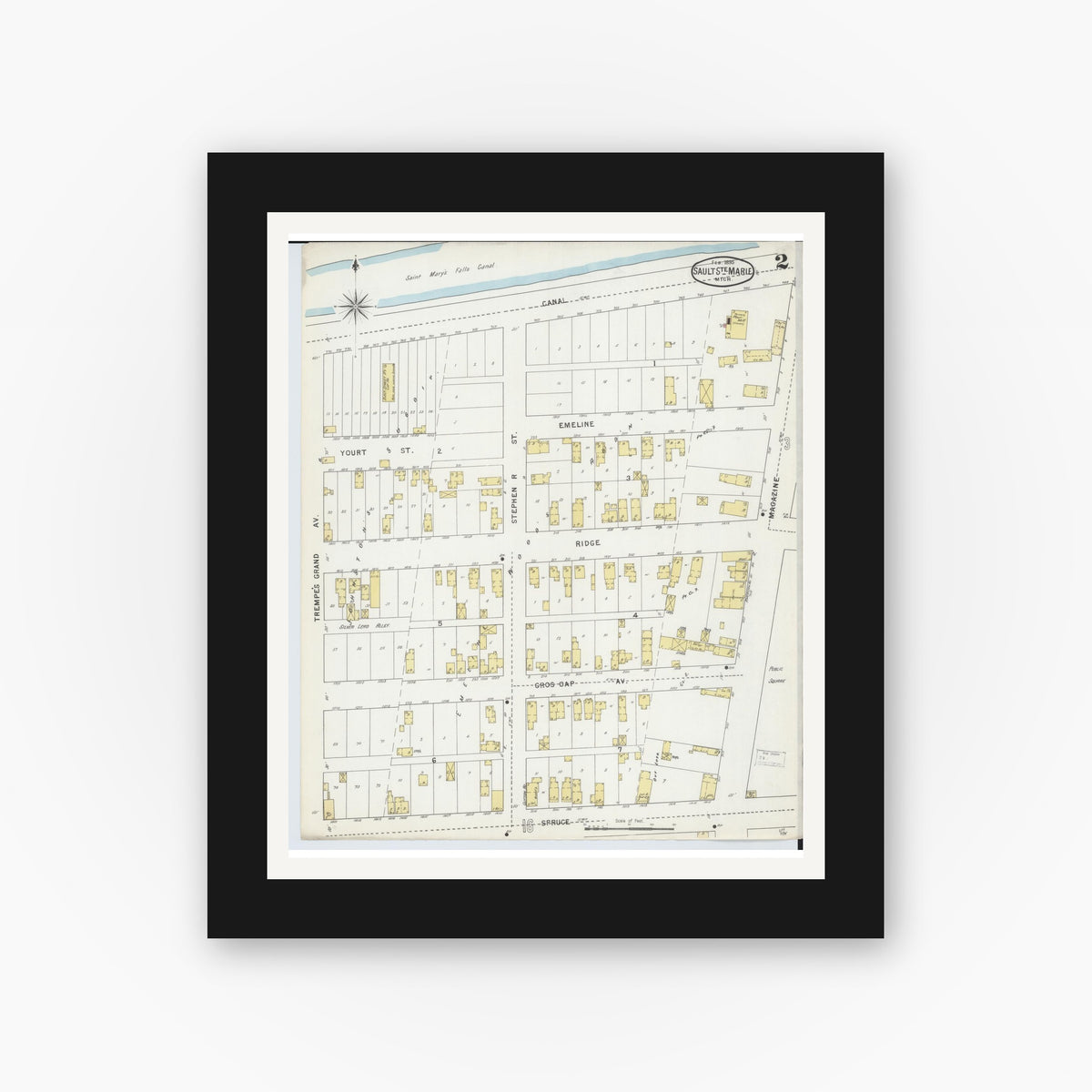 Old map wall art mockup — black gallery frame with white mat — Sanborn Fire Insurance Map from Sault Sainte Marie, Chippewa County, Michigan (1895), Sheet #0002