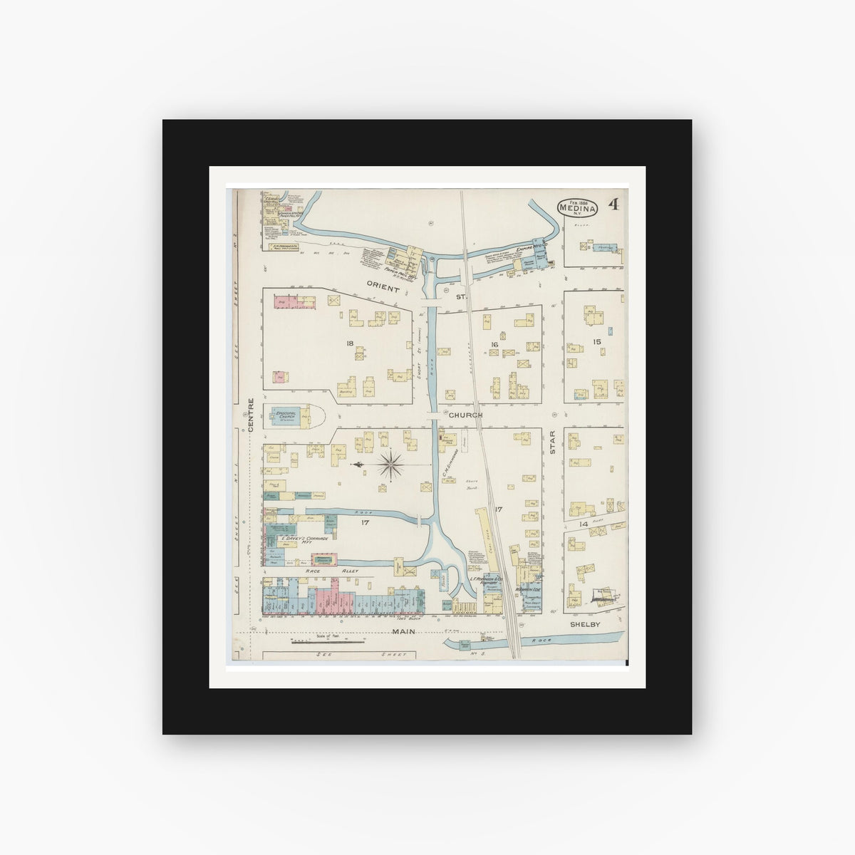 Old map wall art mockup — black gallery frame with white mat — Sanborn Fire Insurance Map from Medina, Orleans County, New York (1886), Sheet #0004