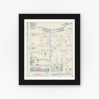 Old map wall art mockup — black gallery frame with white mat — Sanborn Fire Insurance Map from Medina, Orleans County, New York (1886), Sheet #0004