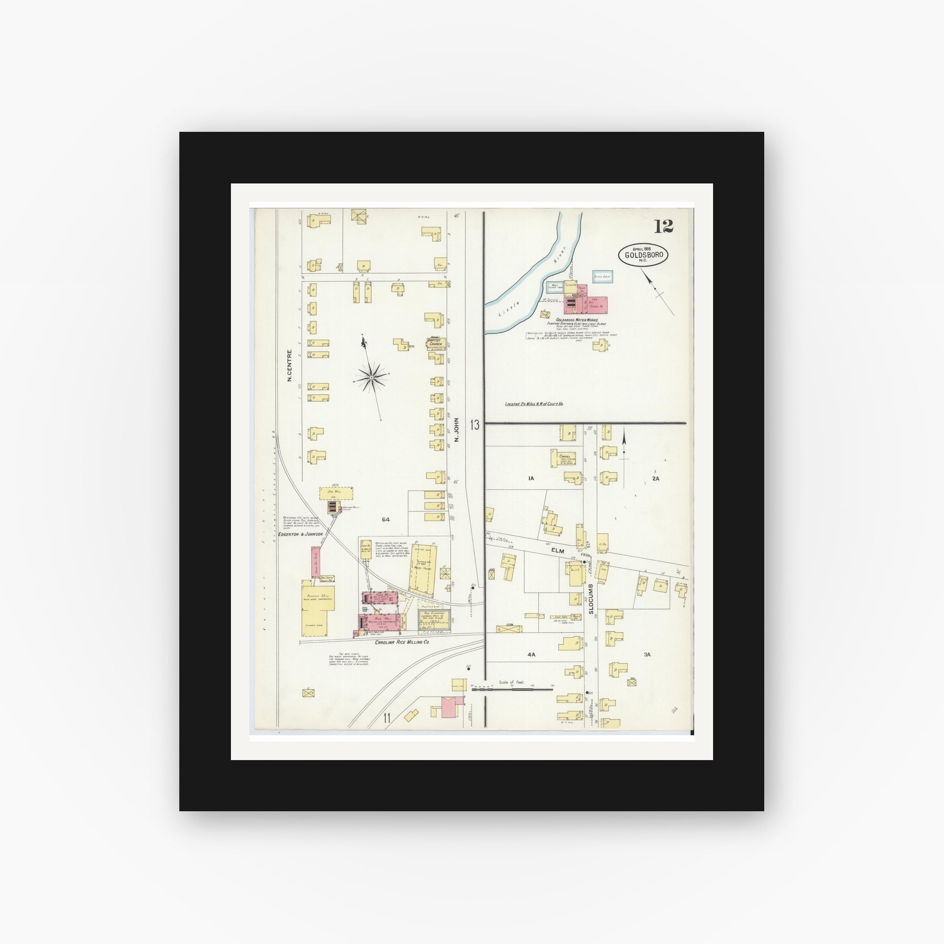 Old map wall art mockup — black gallery frame with white mat — Sanborn Fire Insurance Map from Goldsboro, Wayne County, North Carolina (1908), Sheet #0012