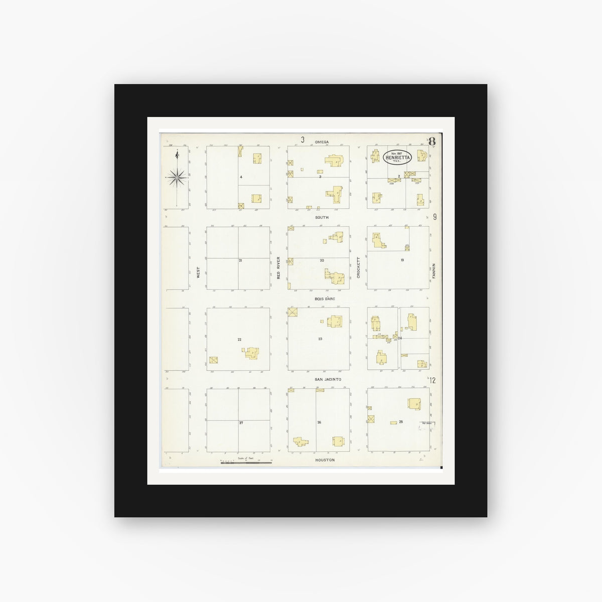 Old map wall art mockup — black gallery frame with white mat — Sanborn Fire Insurance Map from Henrietta, Clay County, Texas (1907), Sheet #0008
