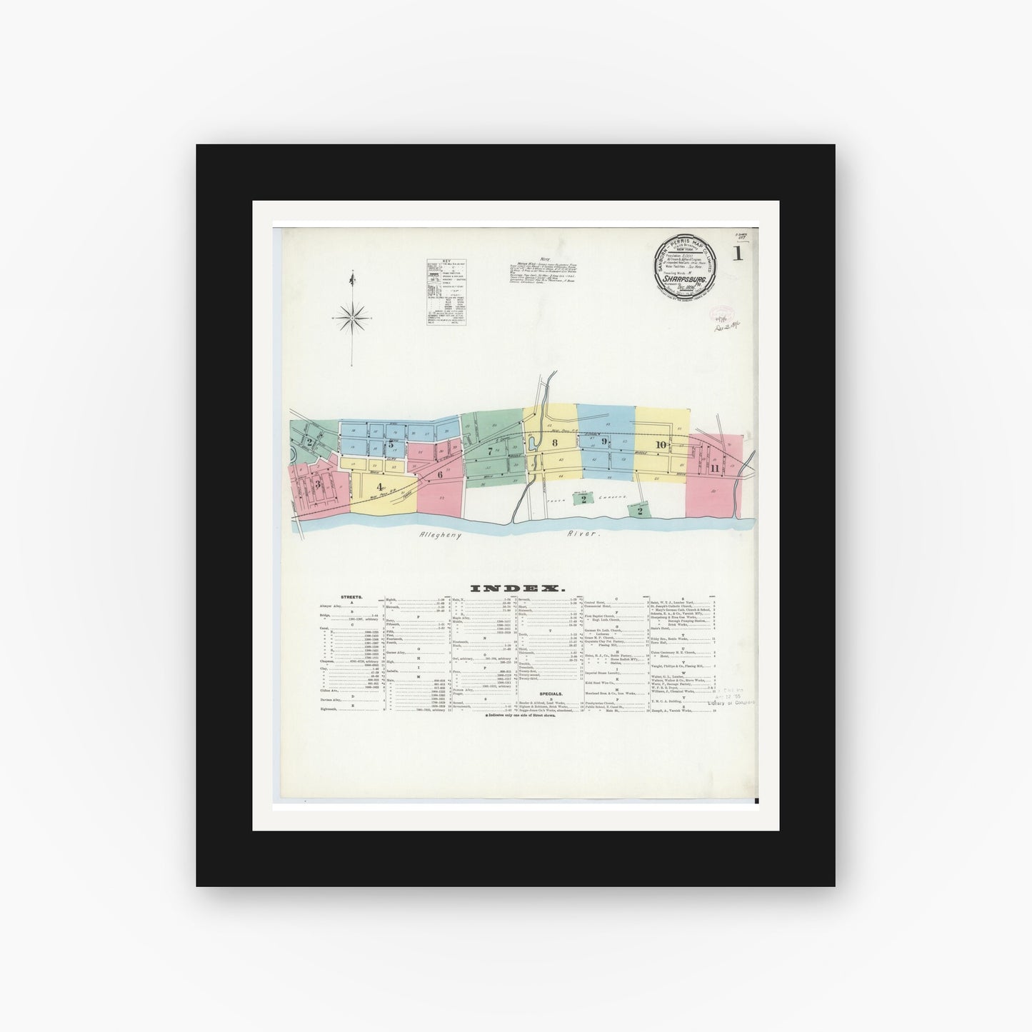 Old map wall art mockup — black gallery frame with white mat — Sanborn Fire Insurance Map from Sharpsburg, Allegheny County, Pennsylvania (1896), Sheet #0001