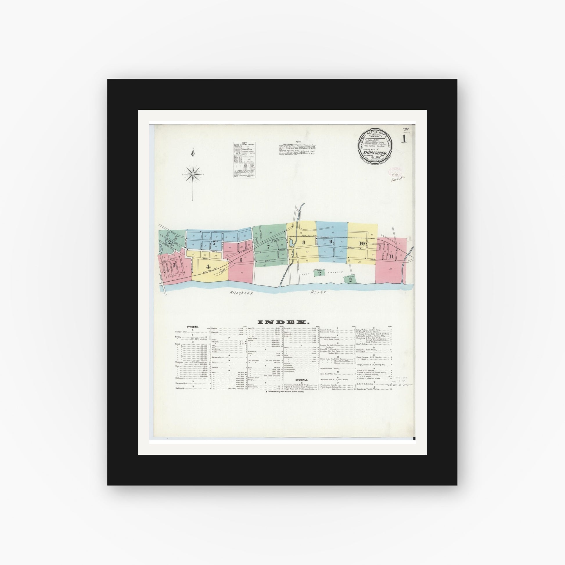Old map wall art mockup — black gallery frame with white mat — Sanborn Fire Insurance Map from Sharpsburg, Allegheny County, Pennsylvania (1896), Sheet #0001