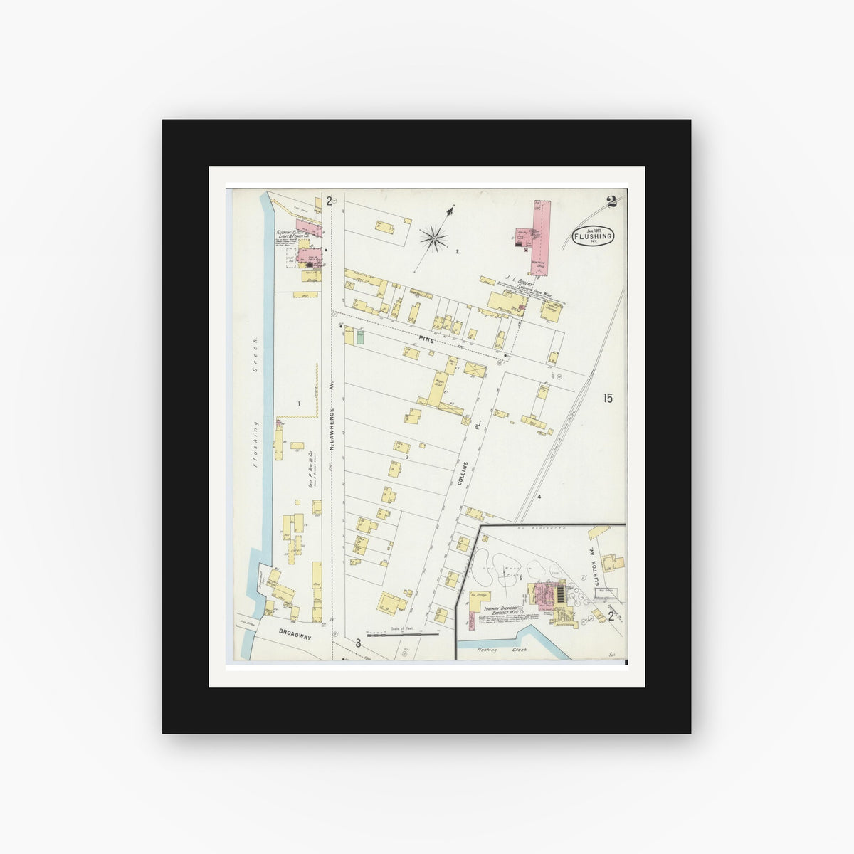Old map wall art mockup — black gallery frame with white mat — Sanborn Fire Insurance Map from Flushing, Queens County, New York (1897) - Complete Map Set