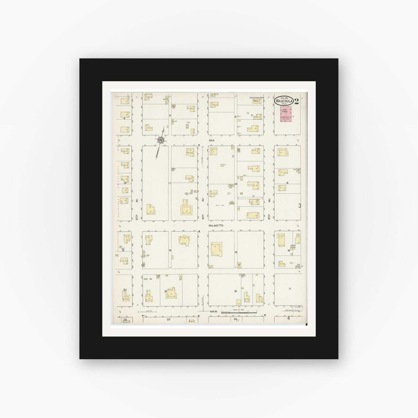 Old map wall art mockup — black gallery frame with white mat — Sanborn Fire Insurance Map from Wauchula, Hardee County, Florida (1914), Sheet #0002