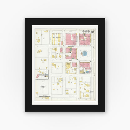 Old map wall art mockup — black gallery frame with white mat — Sanborn Fire Insurance Map from Gainesville, Cooke County, Texas (1902), Sheet #0010