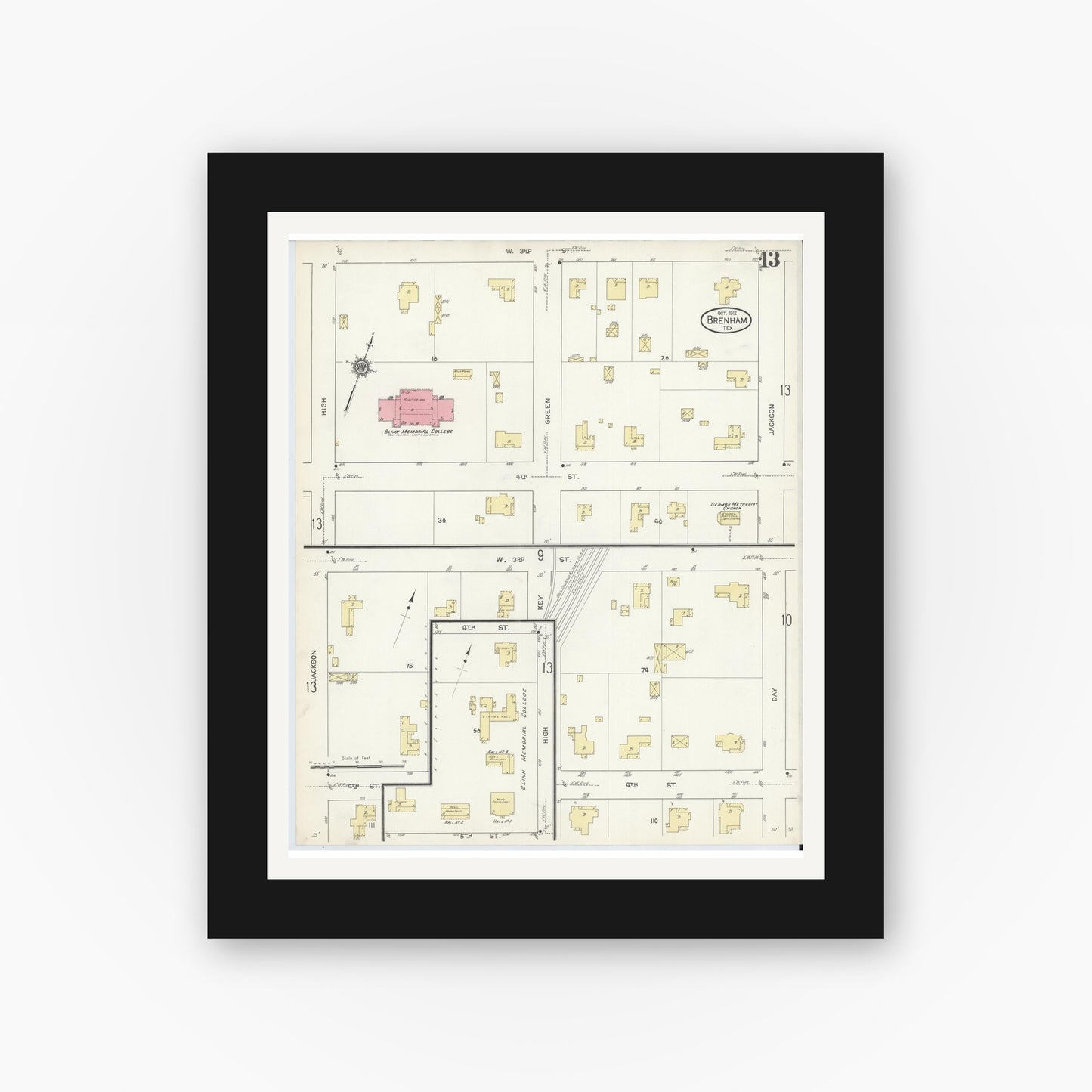 Old map wall art mockup — black gallery frame with white mat — Sanborn Fire Insurance Map from Brenham, Washington County, Texas (1912), Sheet #0013