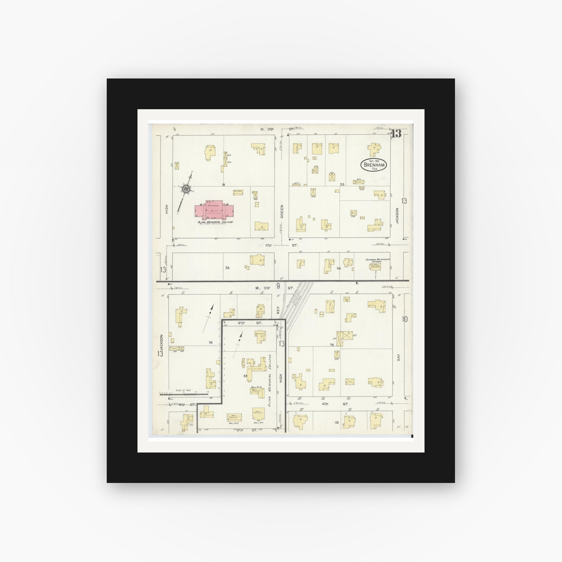 Old map wall art mockup — black gallery frame with white mat — Sanborn Fire Insurance Map from Brenham, Washington County, Texas (1912), Sheet #0013