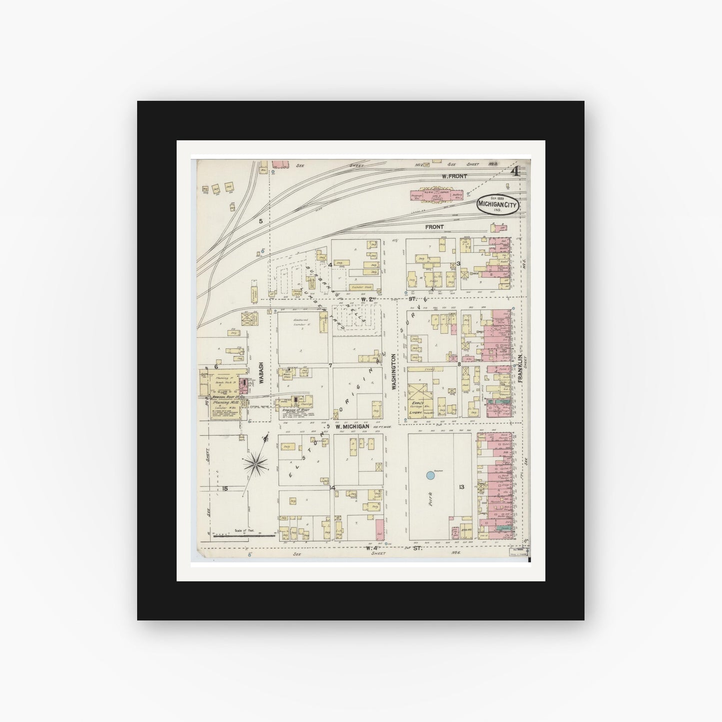 Old map wall art mockup — black gallery frame with white mat — Sanborn Fire Insurance Map from Michigan City, La Porte County, Indiana (1889), Sheet #0004