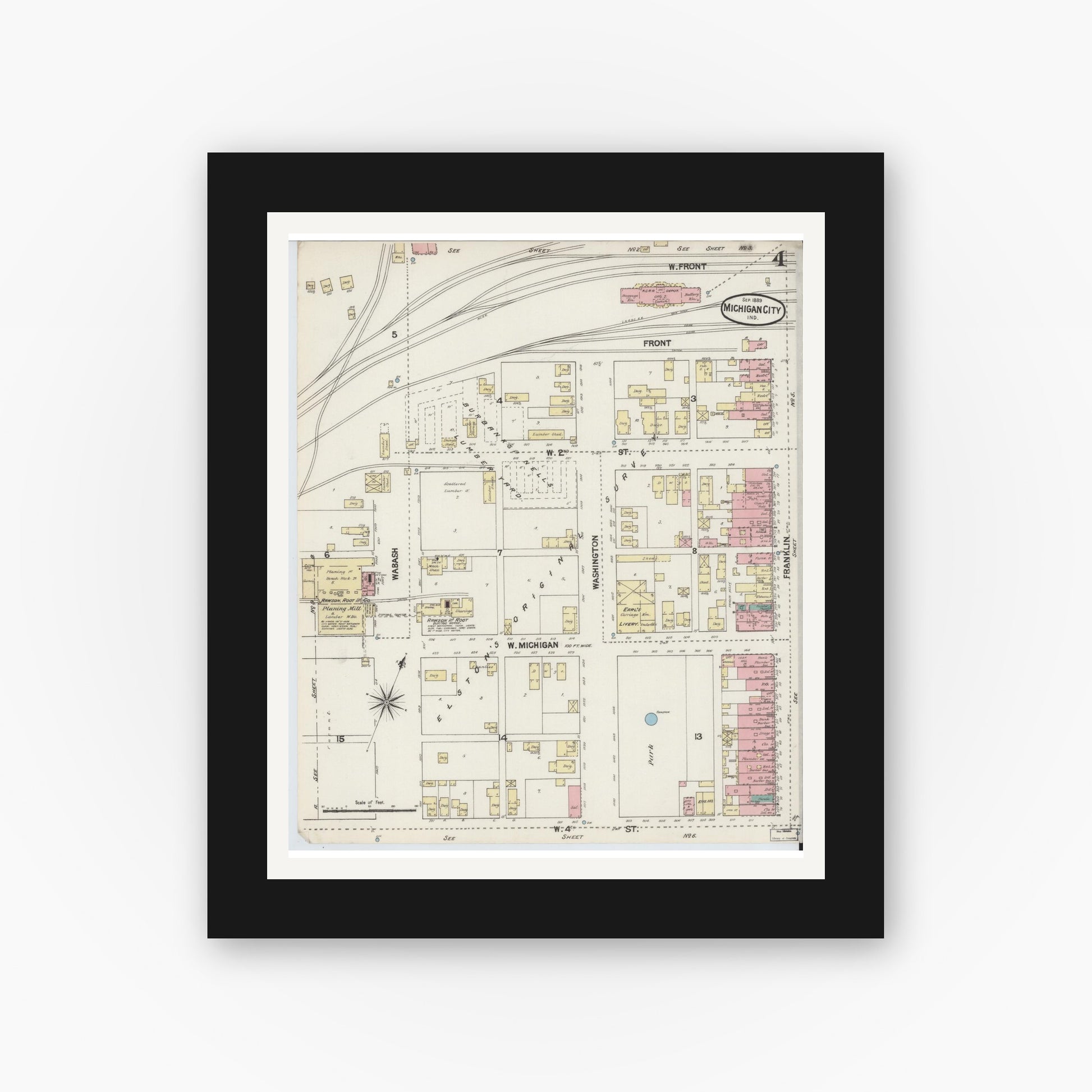 Old map wall art mockup — black gallery frame with white mat — Sanborn Fire Insurance Map from Michigan City, La Porte County, Indiana (1889), Sheet #0004