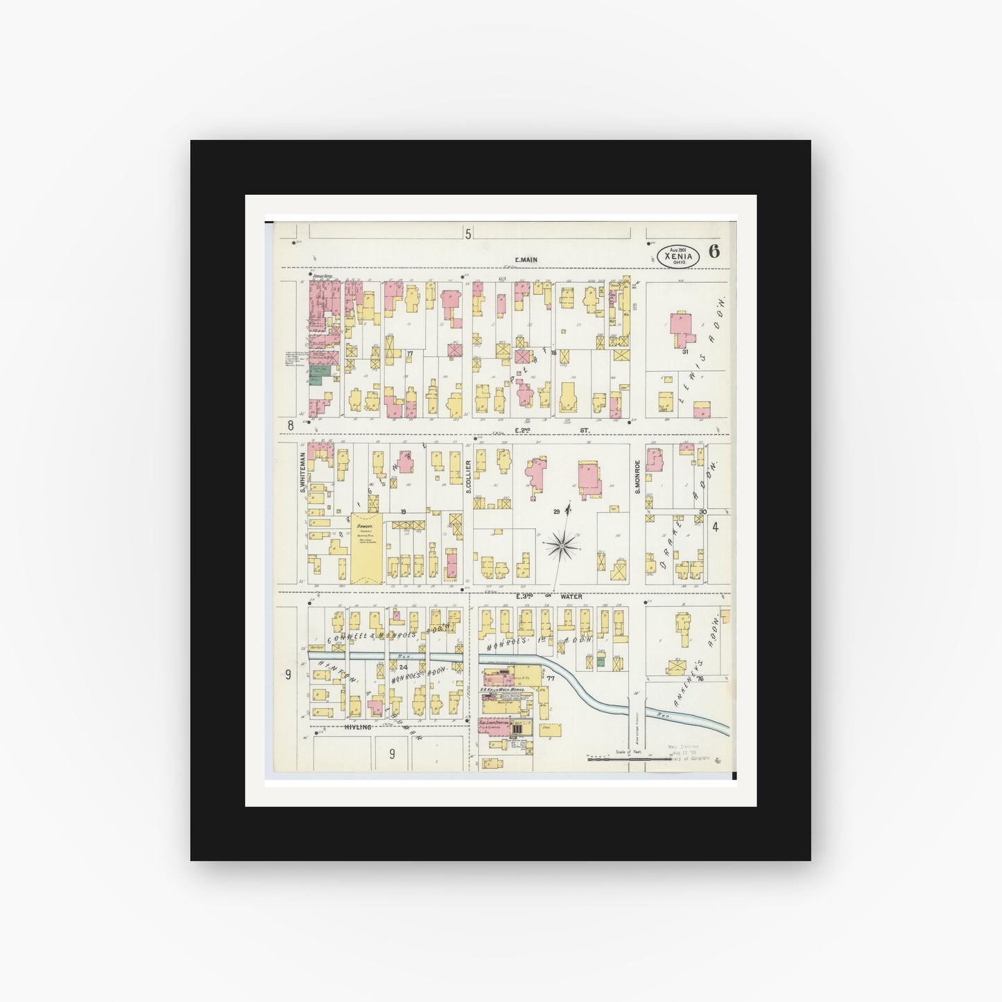 Old map wall art mockup — black gallery frame with white mat — Sanborn Fire Insurance Map from Xenia, Greene County, Ohio (1901), Sheet #0006